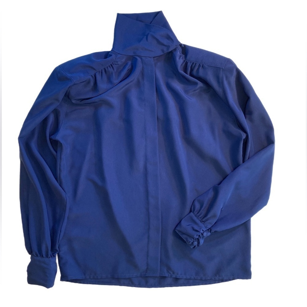 90s corporate style Royal blue blouse with wrap collar and ruched shoulder seams